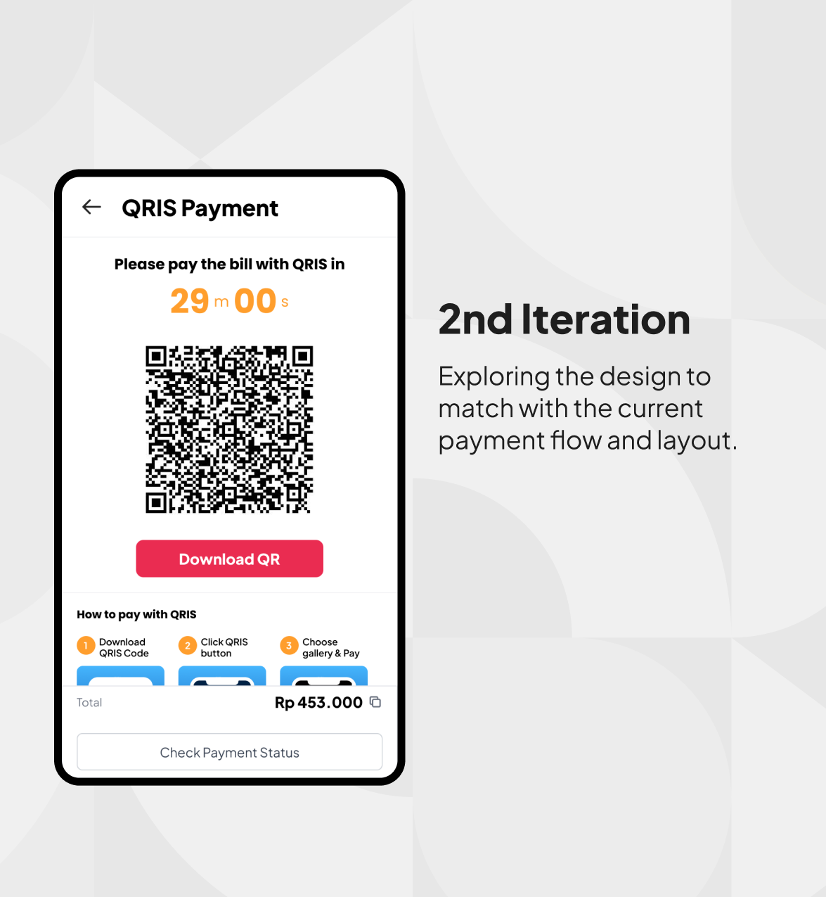Pay with QRIS Screen Iterations